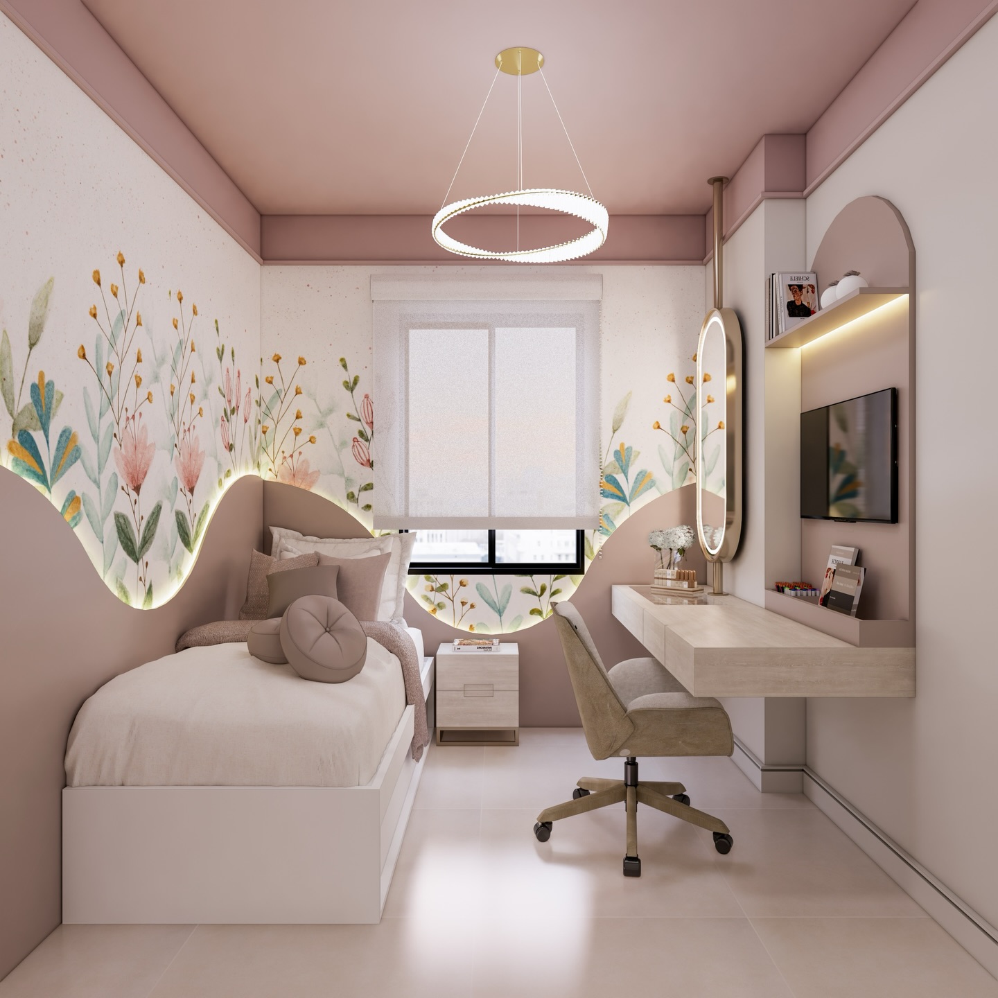 Quarto autoral em tons rosados, projetado por Manuela Lanza.