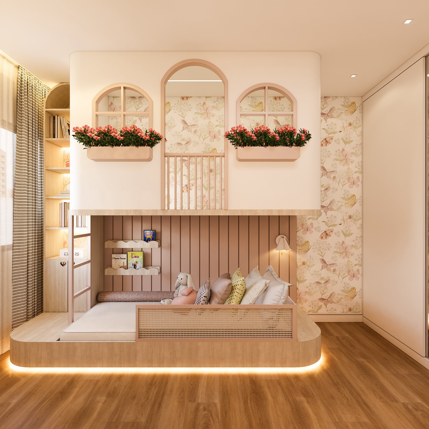 Quarto infantil em tons rosados com arcos, flores e marcenaria lúdica.